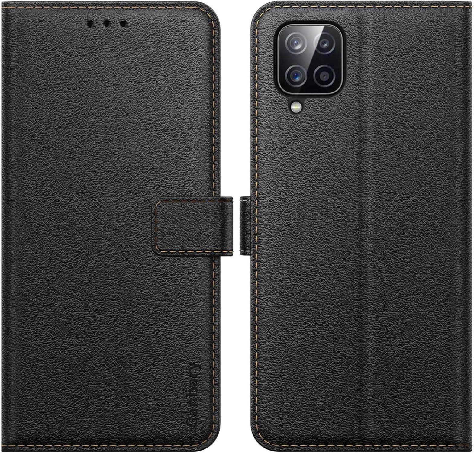 Samsung Galaxy A12/M12 Handyhülle Schwarz Leder Flipcase mit Kartenschlitzen Magnetverschluss Standfunktion