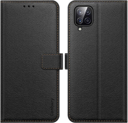 Samsung Galaxy A12/M12 Handyhülle Schwarz Leder Flipcase mit Kartenschlitzen Magnetverschluss Standfunktion