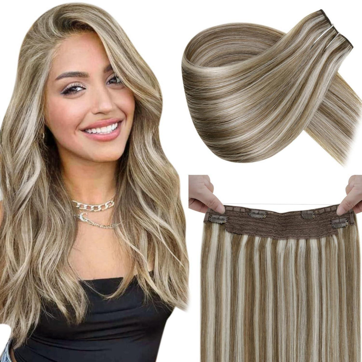 Echthaar Haarverlängerung Blond Braun mit Draht 50cm