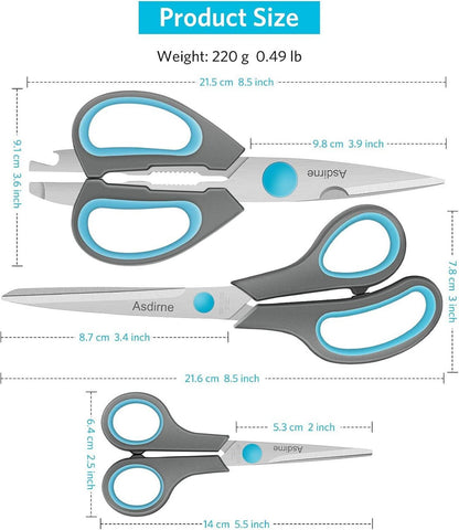 Hochwertiges Küchenschere Set 3-teilig Edelstahl Weiche Griffe Blau/Grau