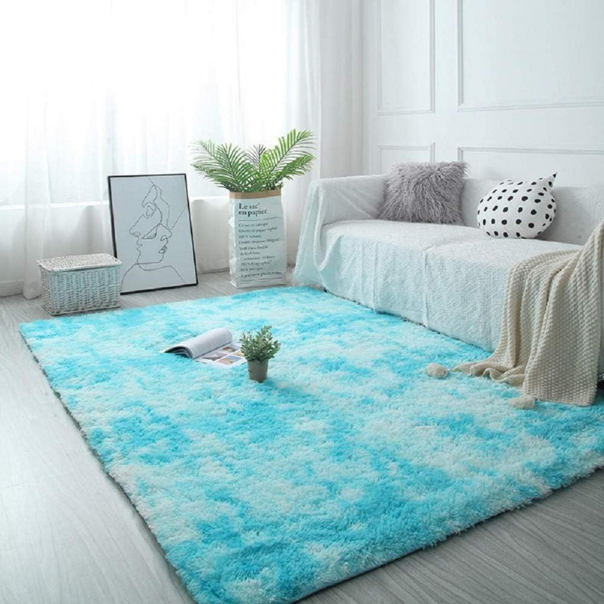 Flauschiger Teppich Rund Hochflor Rutschfest Weich 185x185cm Blau Weiß
