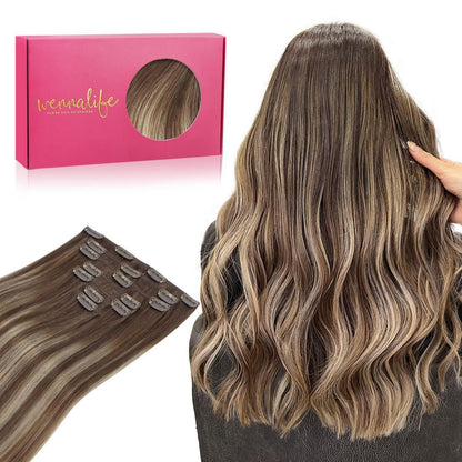 Clip in Echthaarverlängerung Balayage Schokoladenbraun-Honigblond