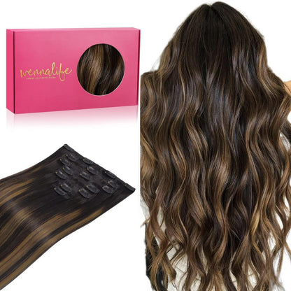 Clip in Echthaar Extensions Schwarz Braun Balayage 50cm