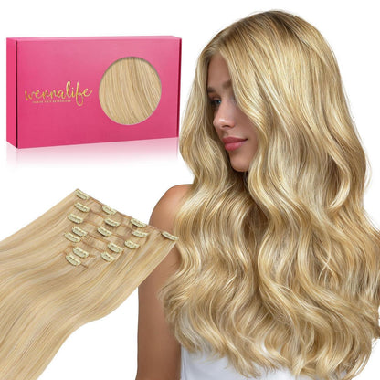 Echthaar Clip-Ins Hellblond Highlights 50cm