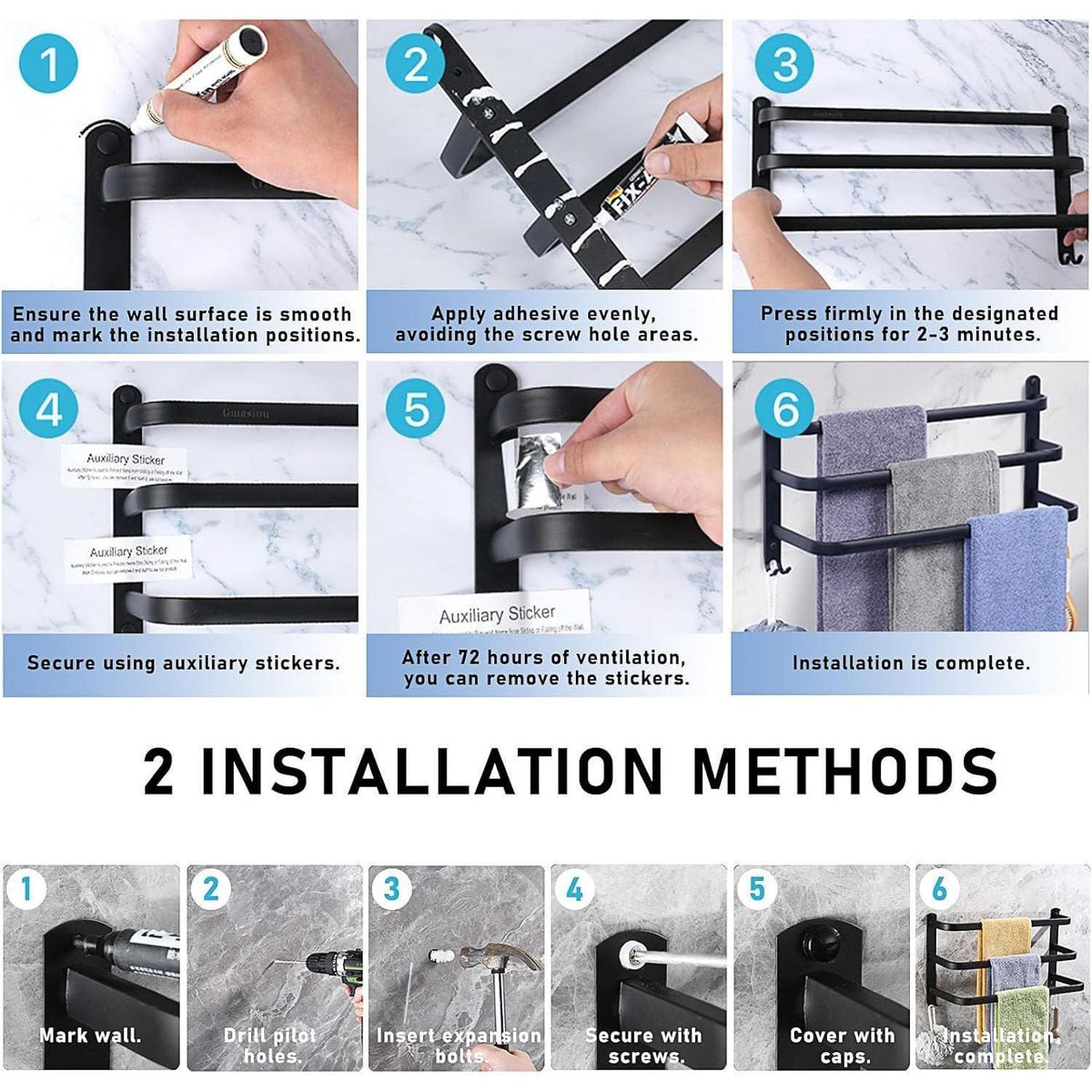 Aluminium Handtuchhalter 3-Stöckig Schwarz 80cm Wandmontage