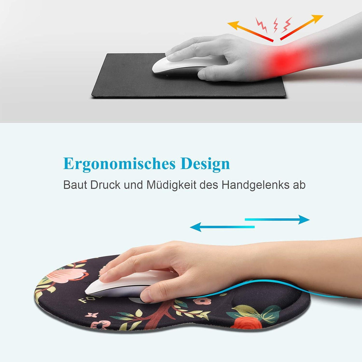 Ergonomisches Mauspad mit Gelkissen, rutschfest, Lycra-Bezug