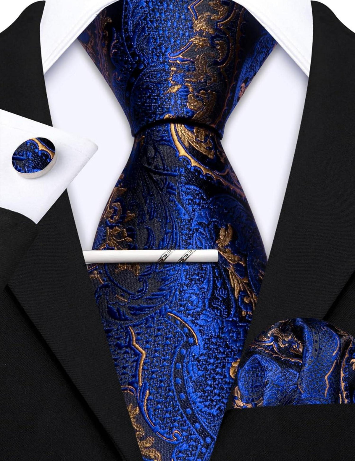 Herren Seiden Paisley Krawatten Set Taschentuch Manschettenknopf Blau