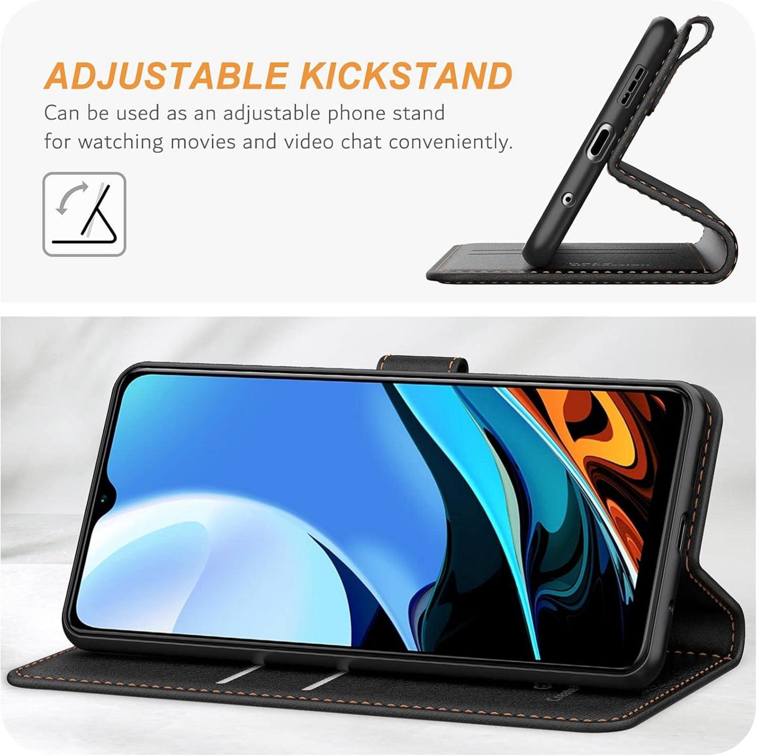 Schwarze Leder Handyhülle Xiaomi Redmi 9T Flipcase Magnet Standfunktion