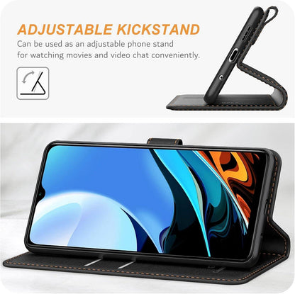 Schwarze Leder Handyhülle Xiaomi Redmi 9T Flipcase Magnet Standfunktion