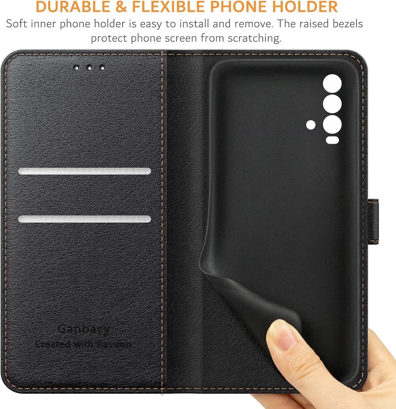 Schwarze Leder Handyhülle Xiaomi Redmi 9T Flipcase Magnet Standfunktion