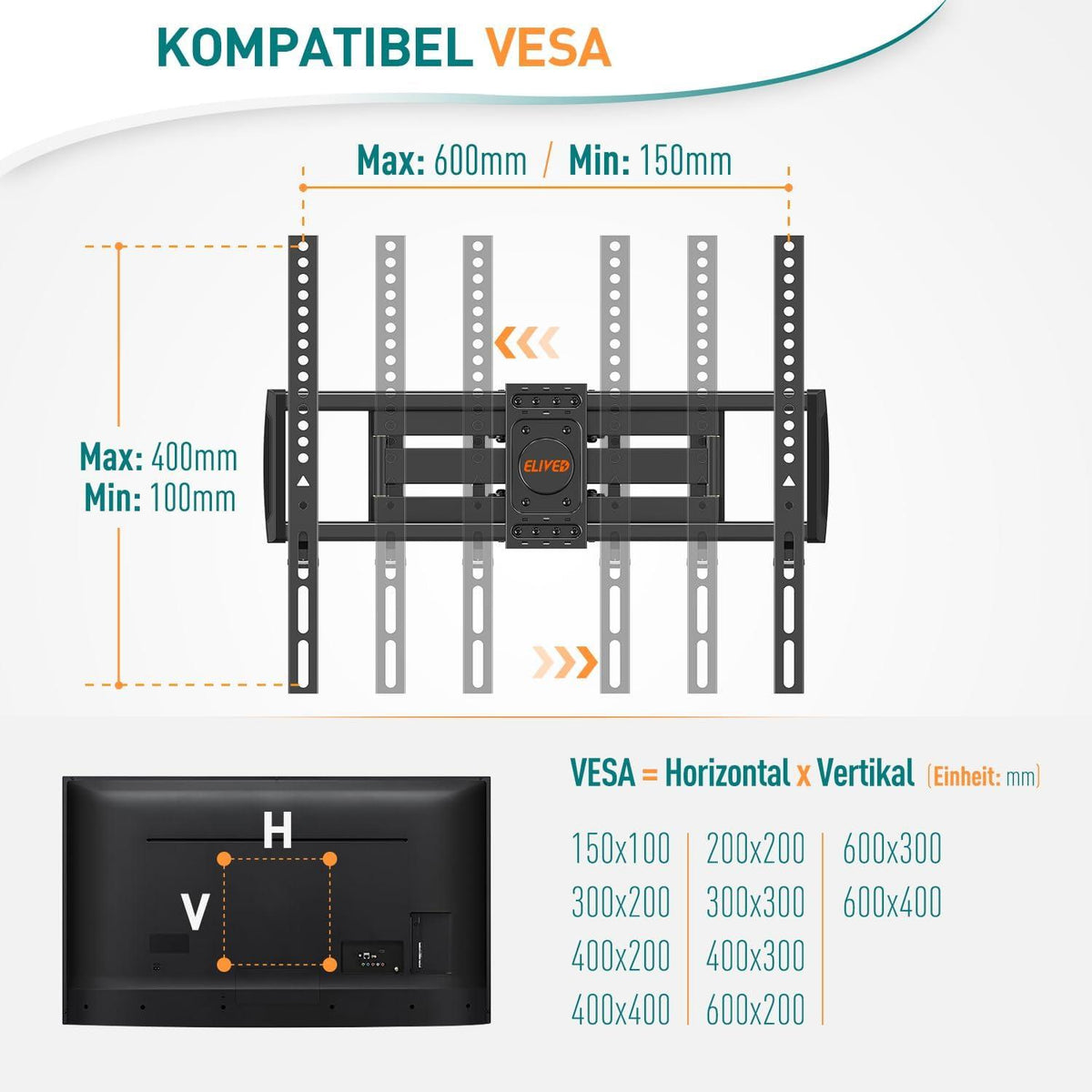 Schwenkbare Neigbare TV Wandhalterung 37-70 Zoll LED OLED Plasma TVs bis 45kg VESA 600x400mm