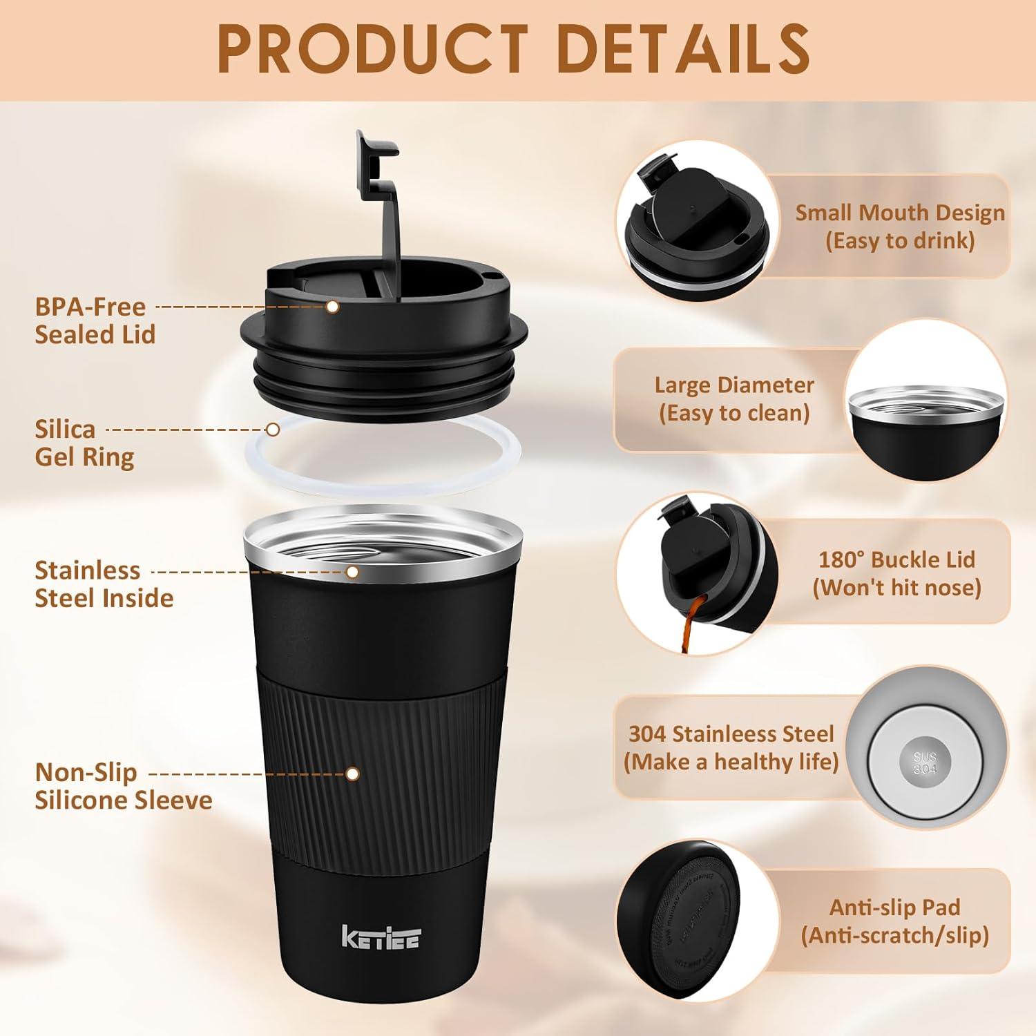 KETIEE Kaffeebecher to go 510ml Thermo Doppelwandig Schwarz