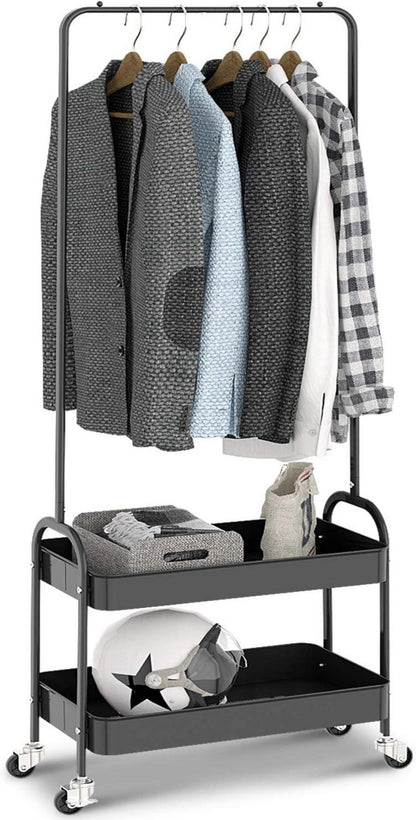 Kleiderstange mit Rollen und Ablage, Metall Schwarz