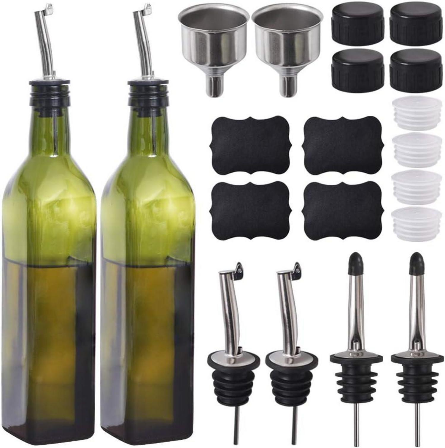 Olivenölflasche mit Ausgießer und Trichter, 2 Stück