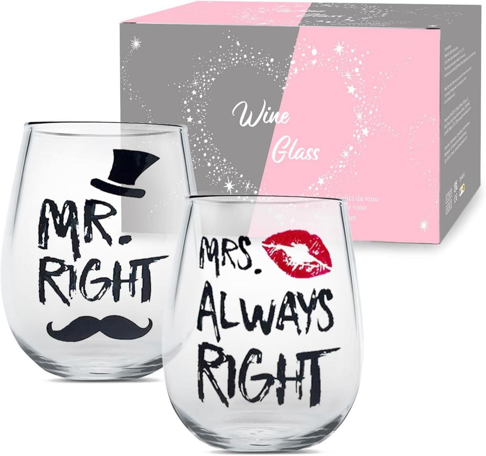 Yalucky Mr Right Mrs Always Right Weingläser Set Hochzeitsgeschenk für Paare