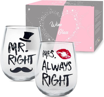 Yalucky Mr Right Mrs Always Right Weingläser Set Hochzeitsgeschenk für Paare