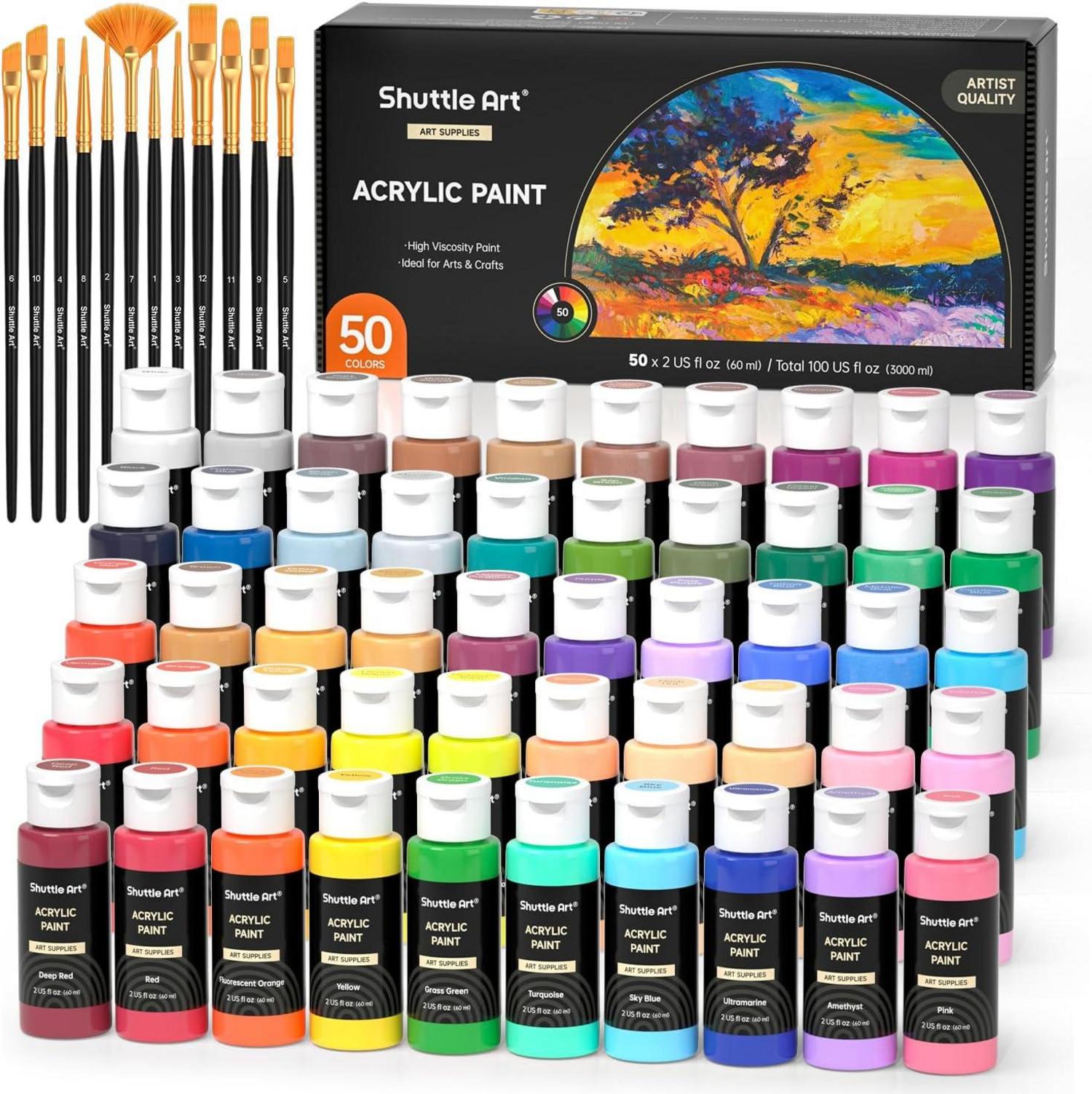 Acrylfarben Set 50 bunte Flaschen je 60ml hochpigmentiert ungiftig