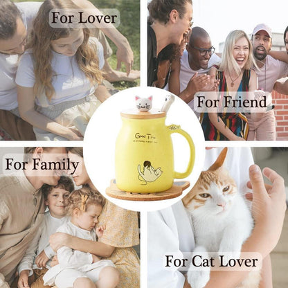 Katzen-Tasse Keramik Kaffeetasse mit Deckel Löffel Tee Geschenk 380ML Gelb