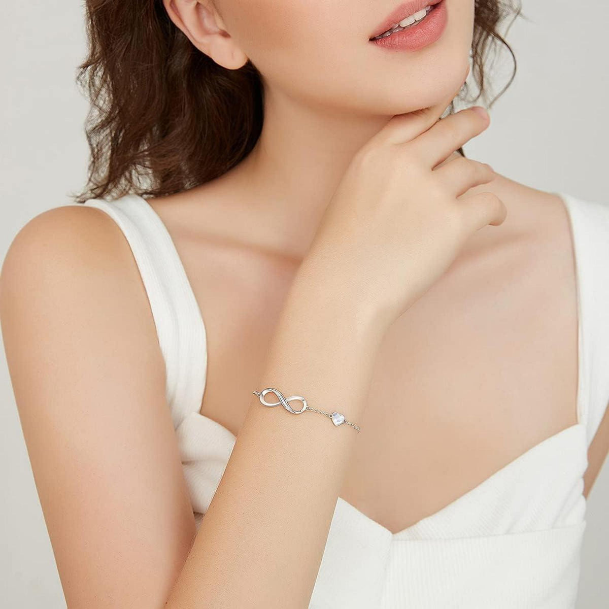 Unendlichkeitsarmband Damen 925 Sterling Silber Herz Kristall Armkette
