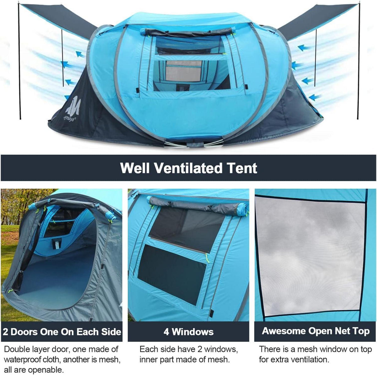 Pop Up Zelt 3-4 Personen mit Dachfenster Wasserdicht Blau