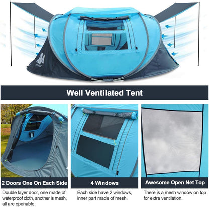 Pop Up Zelt 3-4 Personen mit Dachfenster Wasserdicht Blau
