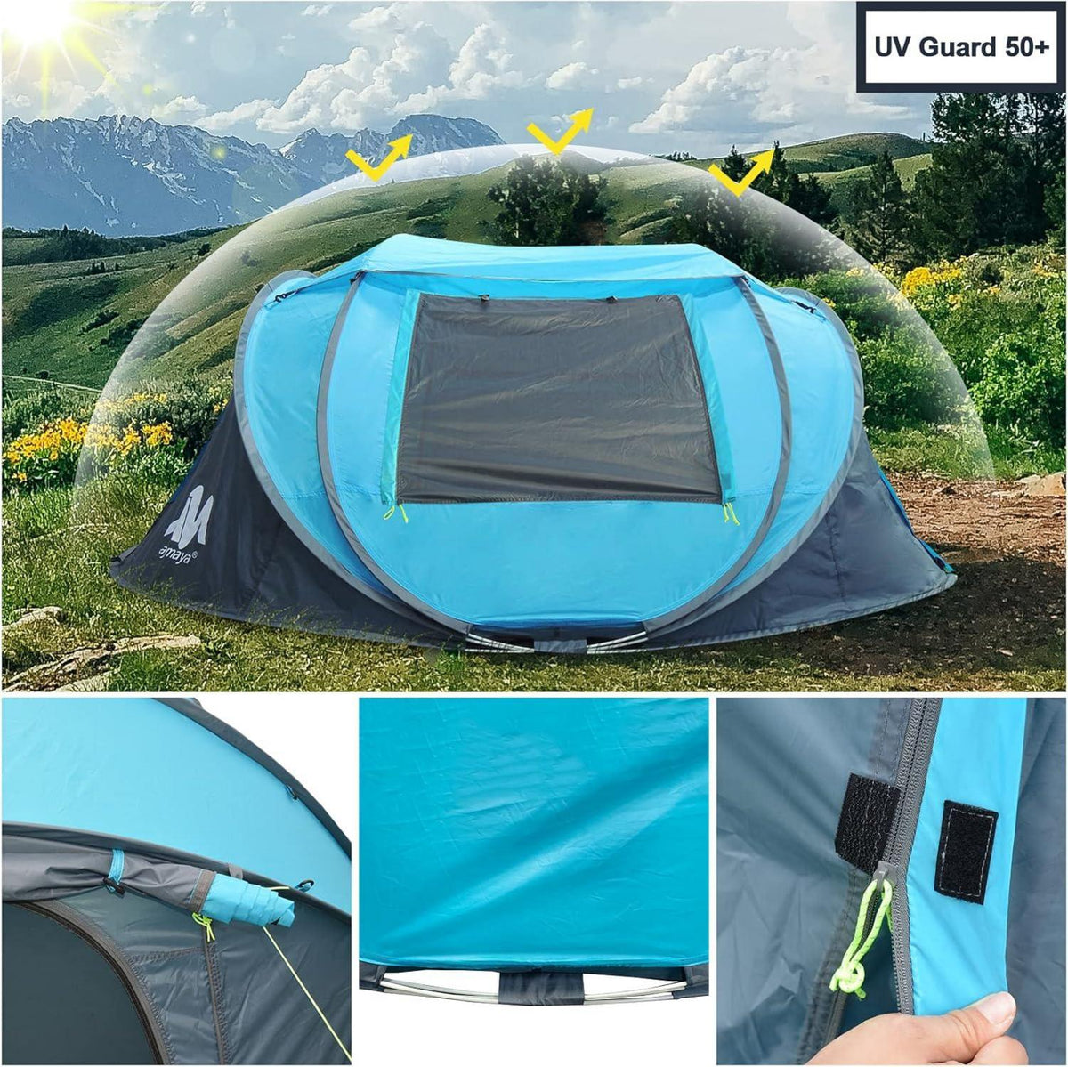 Zelt 3-4 Personen Pop Up Strandmuschel Automatik Wasserdicht für Outdoor Camping Blau Grau