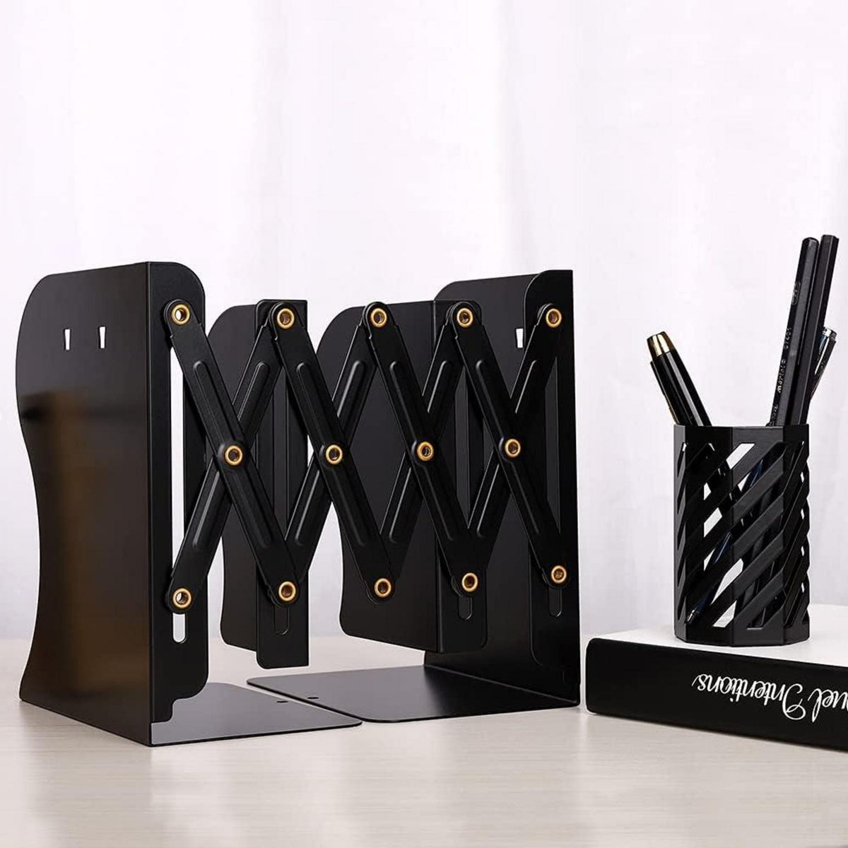 Verstellbare Buchstützen mit Stifthalter, rutschfeste Bookends bis 19