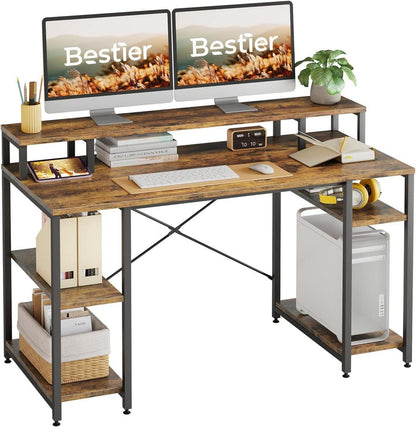 Großer Gaming Schreibtisch mit 4 Ablagen und Monitor Ablage 140cm Tiefbraun