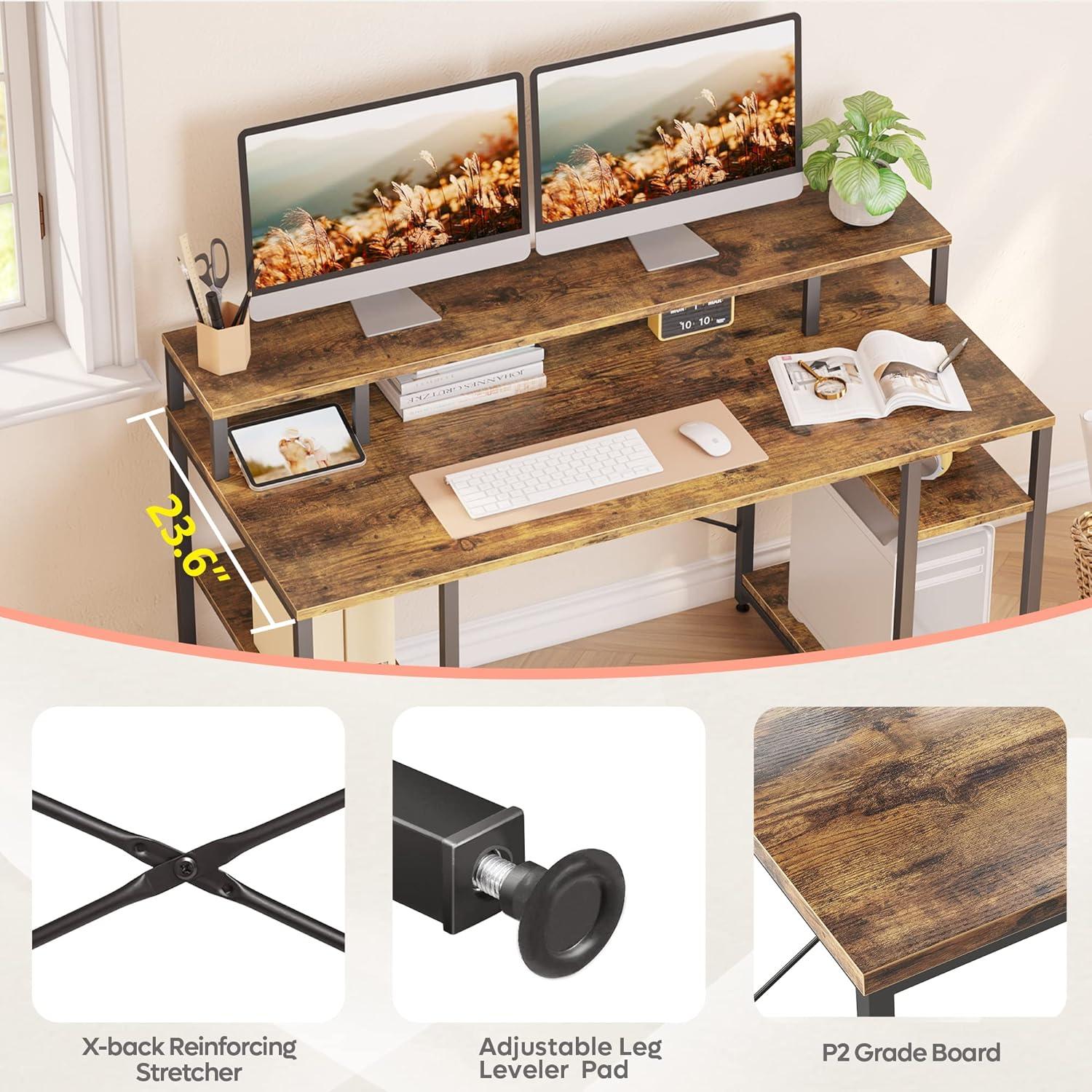 Großer Gaming Schreibtisch mit Monitorablage, Industrie-Design, Metallgestell