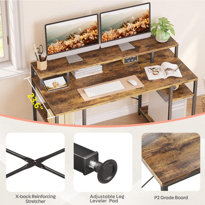 Großer Gaming Schreibtisch mit Monitorablage, Industrie-Design, Metallgestell