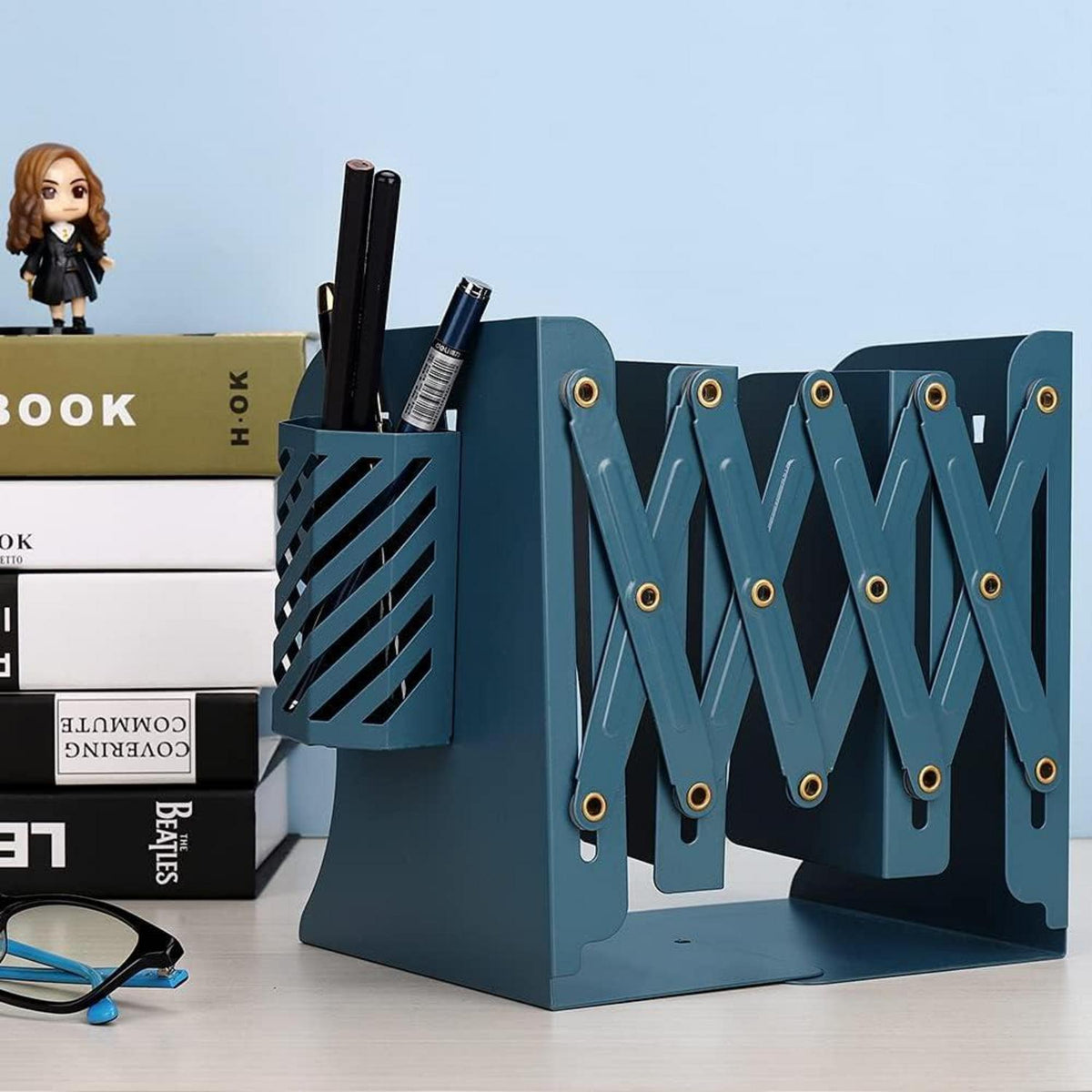 Qualsen Verstellbare Buchstützen mit Stifthalter, rutschfeste Bookends Blau