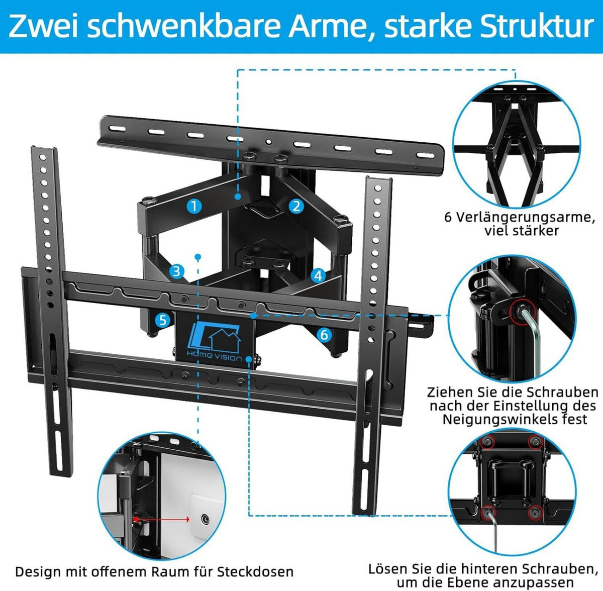 TV Wandhalterung Schwenkbar Neigbar für 26-65 Zoll Fernseher VESA 400x400mm bis 60KG