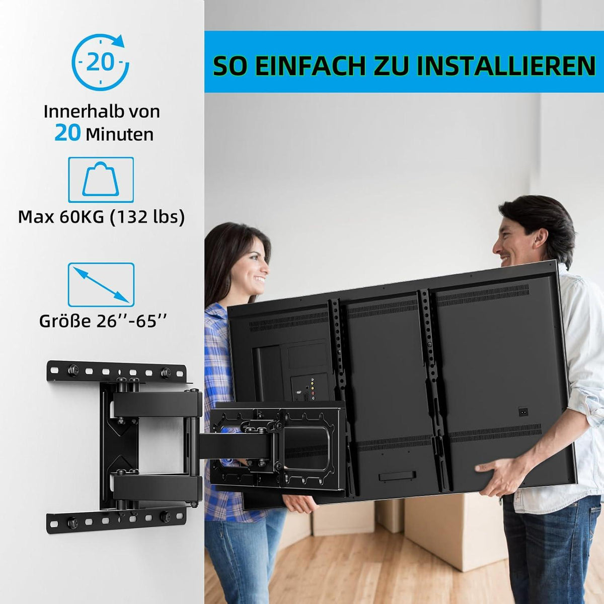 TV Wandhalterung Schwenkbar Neigbar VESA 400x400mm 26-65 Zoll 60KG