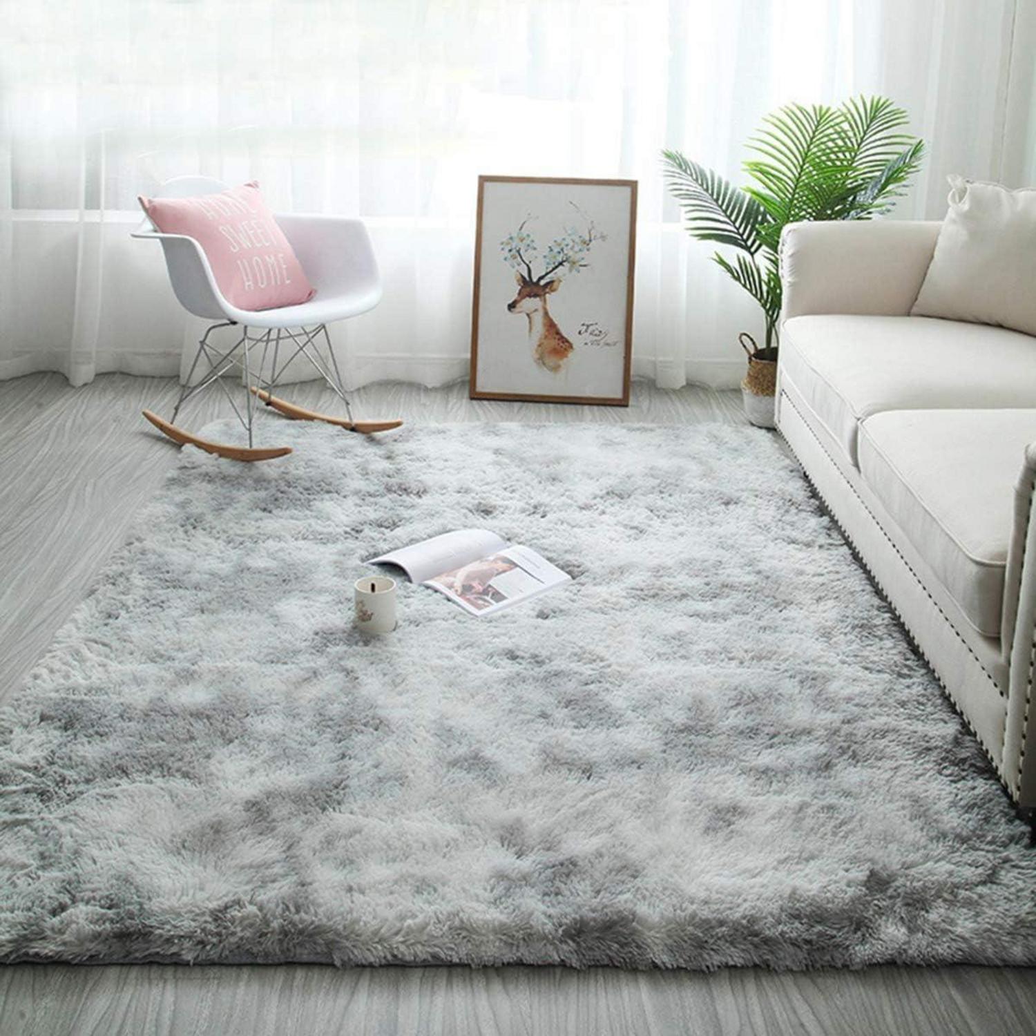 Großer Hochflor Teppich Grau Weiß 160x230 cm Wohnzimmer Schlafzimmer