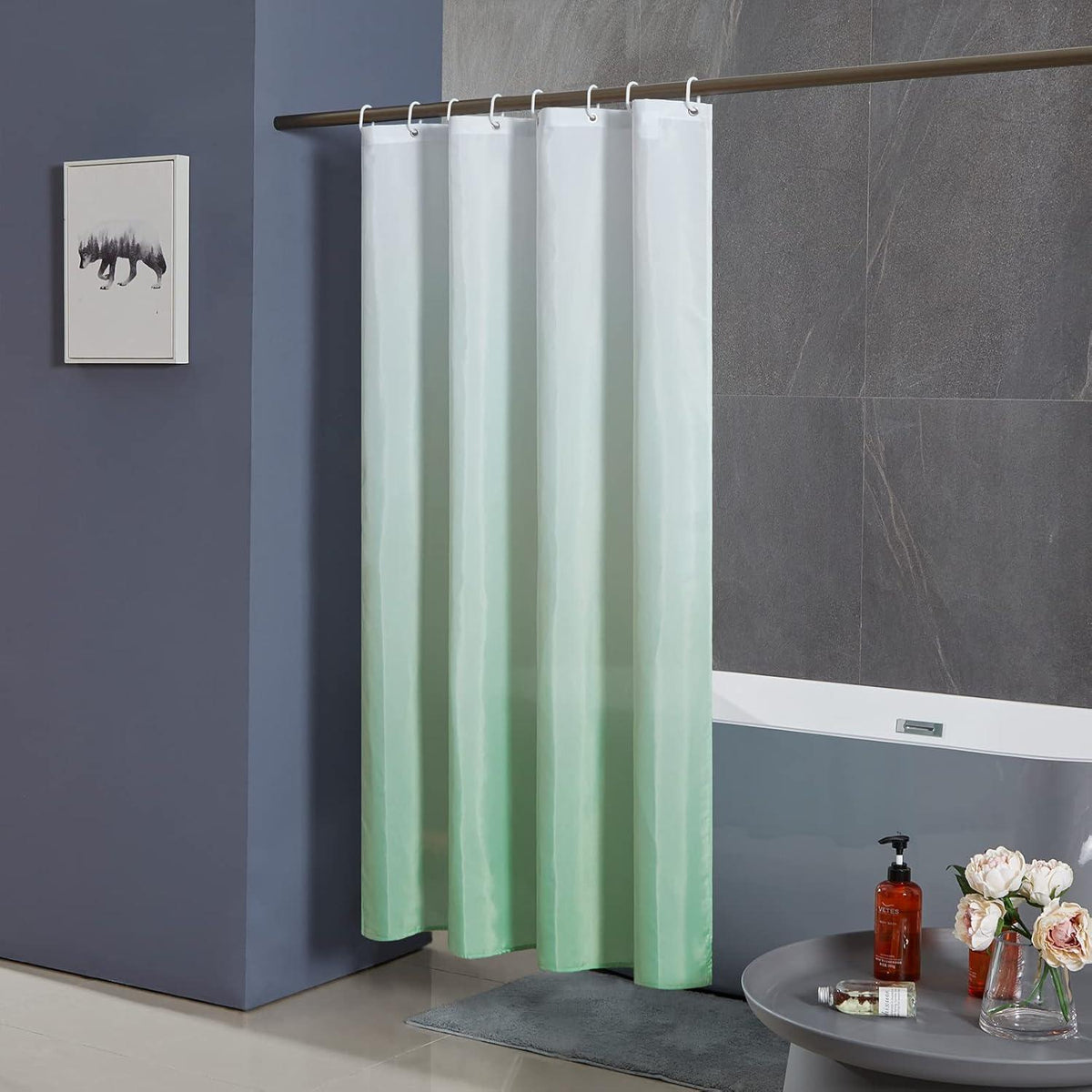 Duschvorhang 180x200 Anti-Schimmel Wasserdicht und Waschbar Textil Weiß Grün