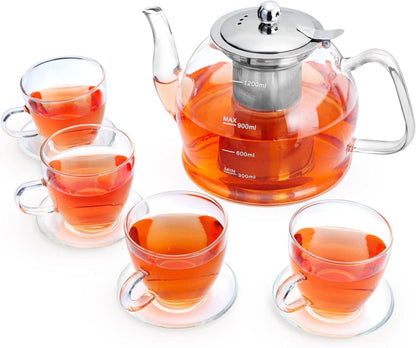 Glas Teekanne Set mit Siebeinsatz und 4 Gläser