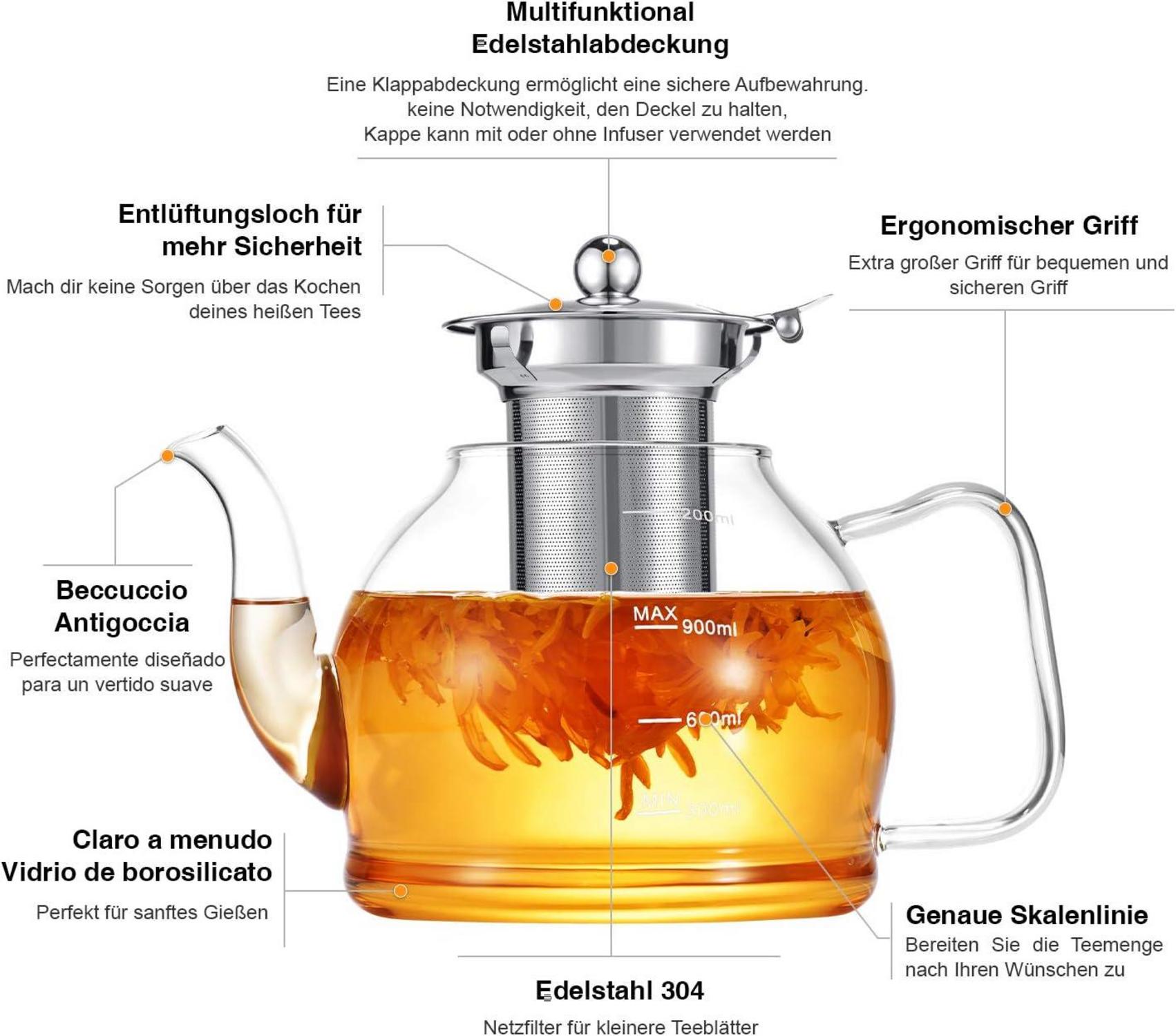 Teekanne Glas 1200ML mit Siebeinsatz Borosilikatglas