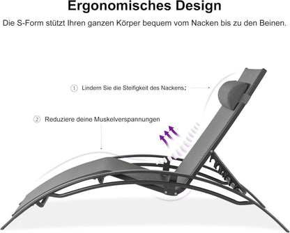 Aluminium Sonnenliege Set mit Beistelltisch und Kopfkissen, 4-Fach Verstellbar, Grau