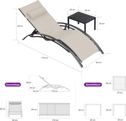 Aluminium Sonnenliegen Set mit Beistelltisch und