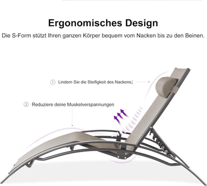 Aluminium Sonnenliege Set mit Beistelltisch und Kopfkissen, Wetterfest, 4-Fach Verstellbar, Stapelbar, Beige