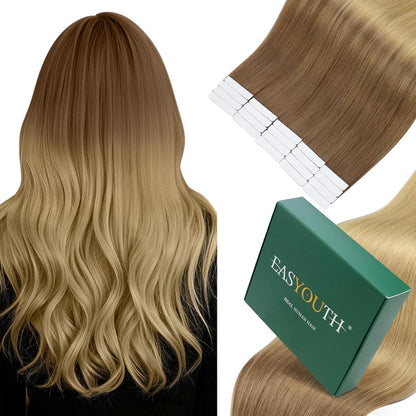Echthaar Tape Extensions Braun Ombre 50cm – Remy Menschenhaar