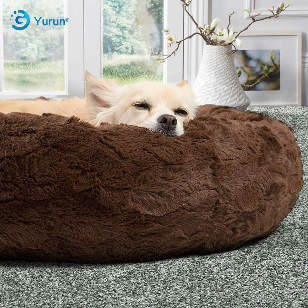 Flauschiges Hundebett rund, Braun 120x120x20cm