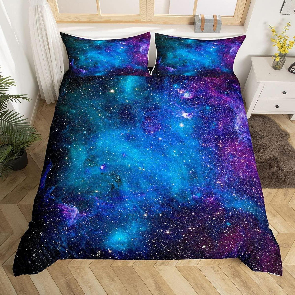 Galaxie Bettwäsche Set Sternenhimmel Blau Lila 220x240 cm