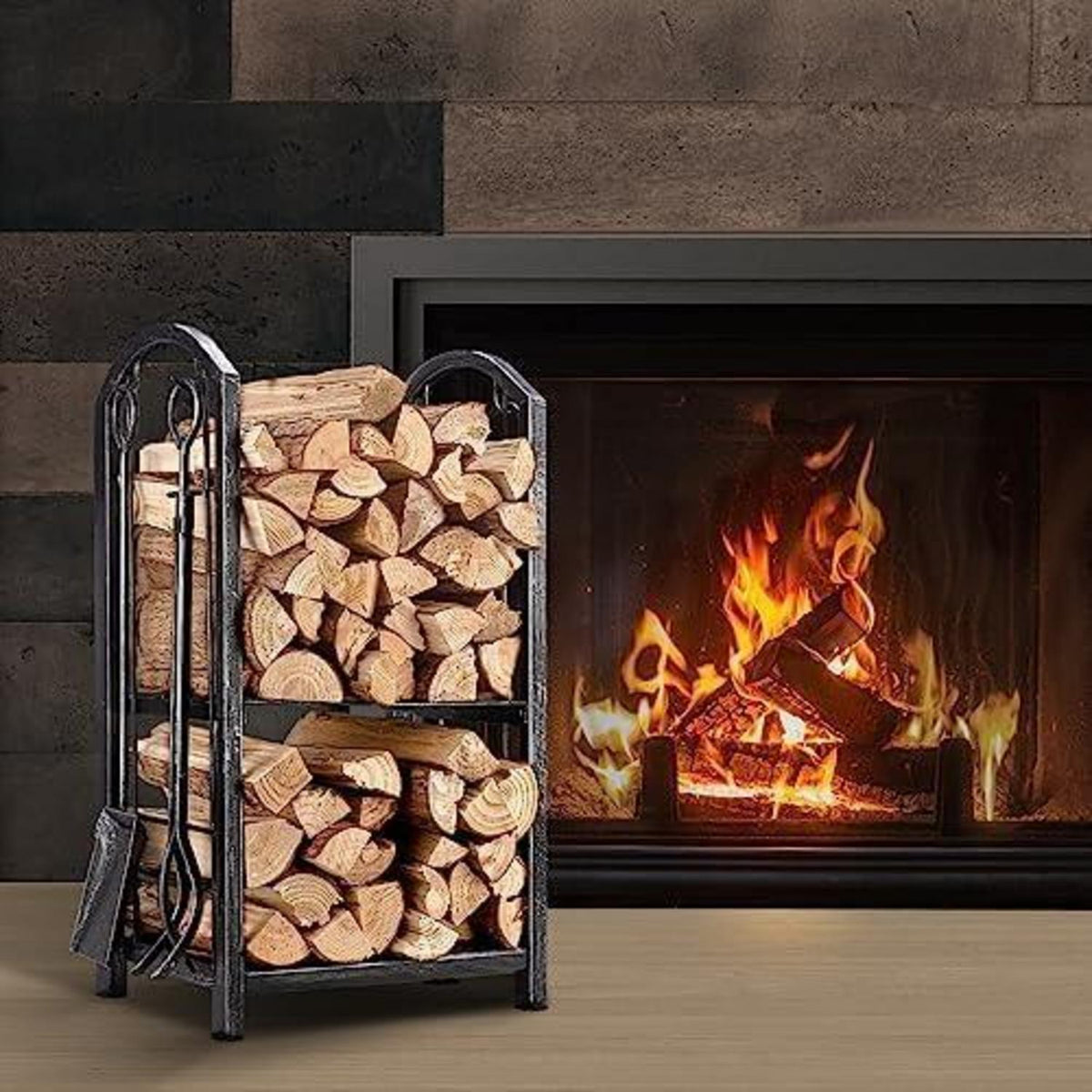 Kaminholzregal mit 4 Kaminwerkzeugen 74x40x30cm für Innen und Außen