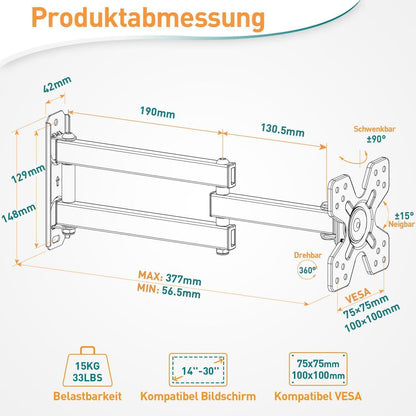Monitor Wandhalterung Schwenkbar Neigbar 14-30 Zoll VESA