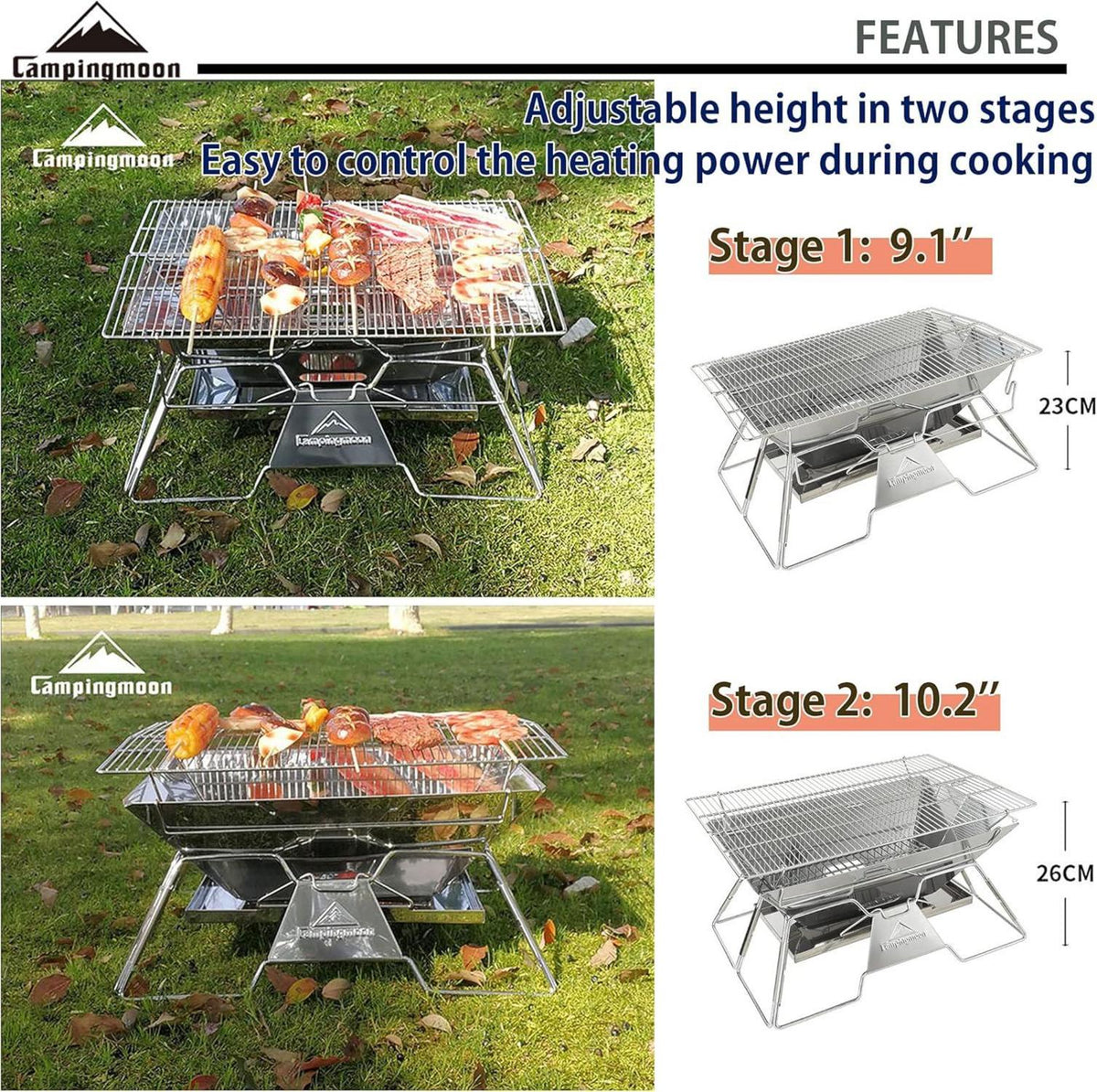 Tragbare Camping-Feuerstelle Edelstahl faltbar Grill Holzkohle 50,8x33cm Tasche