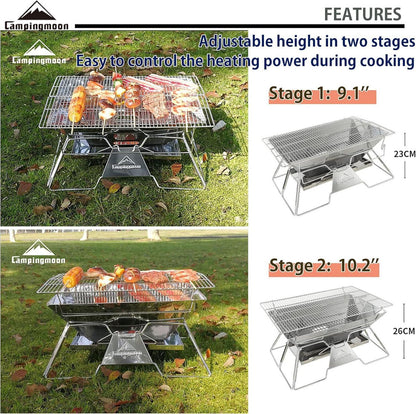 Tragbare Camping-Feuerstelle Edelstahl faltbar Grill Holzkohle 50,8x33cm Tasche