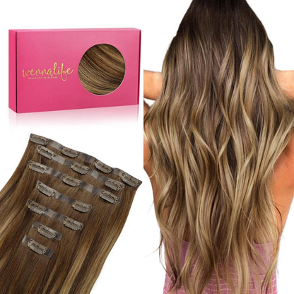 Echthaar Clip-In Extensions Balayage Schoko-Karamell 40cm