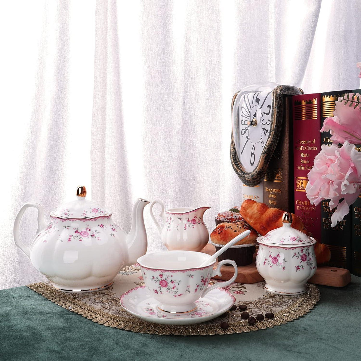Porzellan Tee Sets 21 Stk. Teetasse Untertasse Set Hochzeit Rose Rot