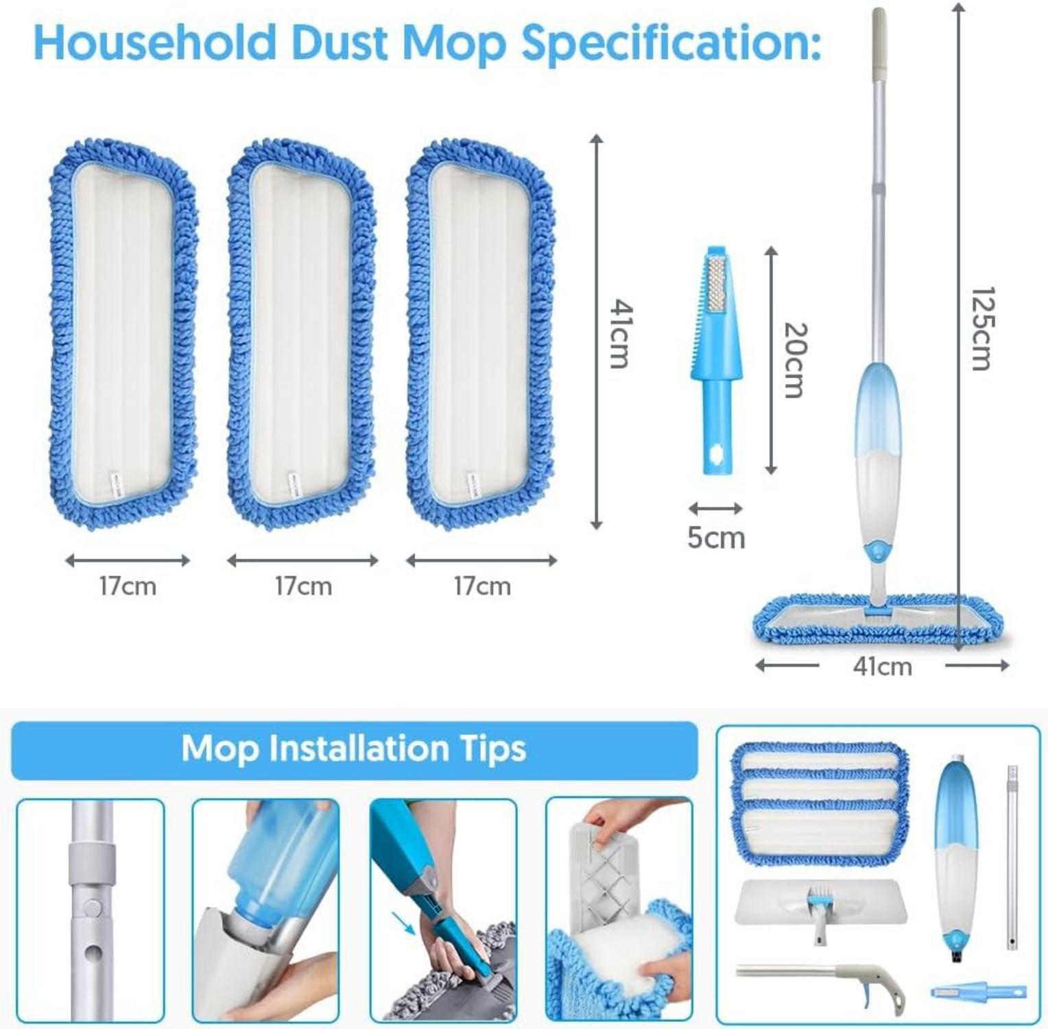 Sprühwischer Bodenwischer 435ml Wassertank 3 Waschbare Pads Blau